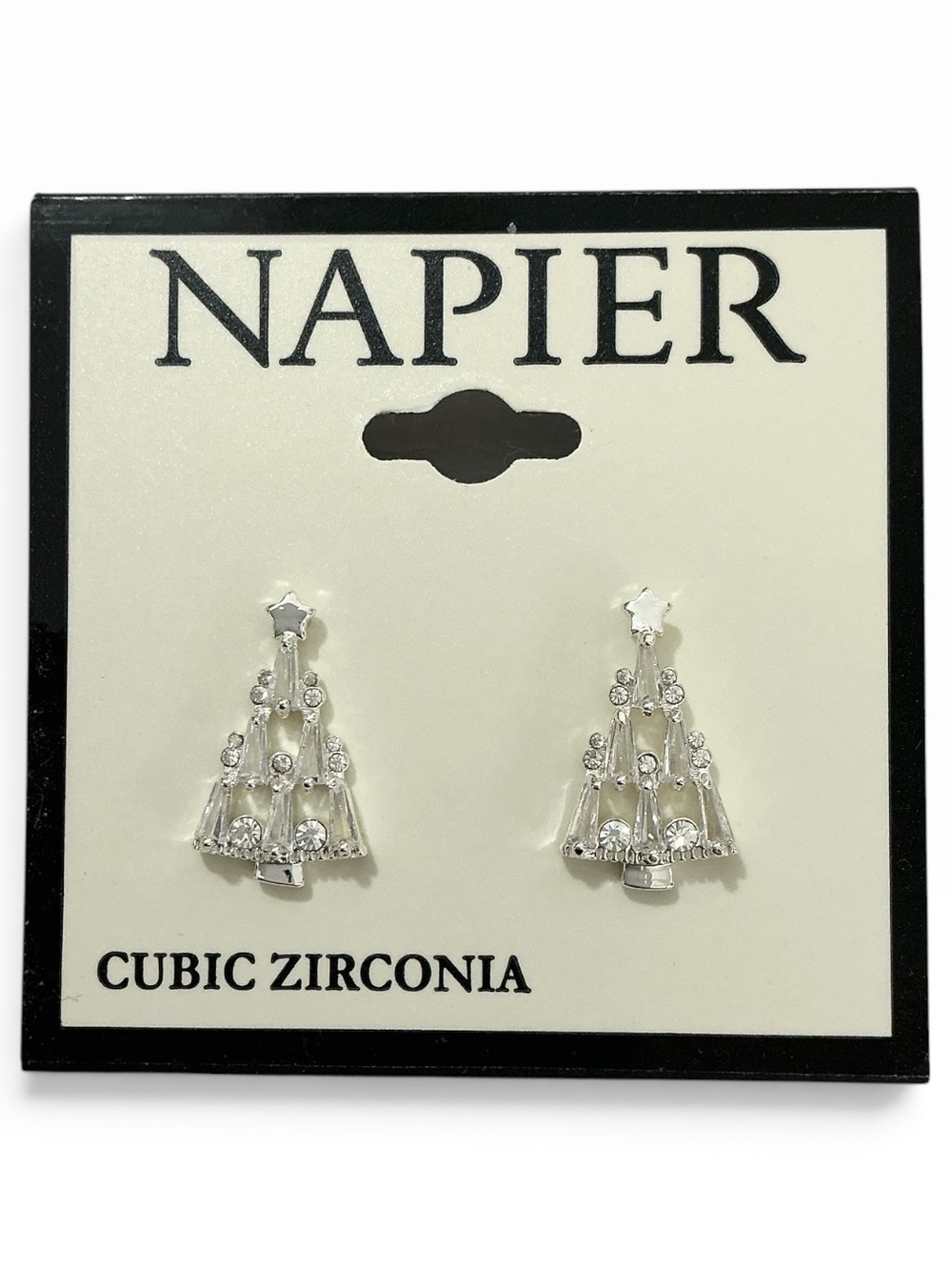 Napier Christmas Tree Earrings Silver Tone Cubic Zirconia Tapered Baguettes